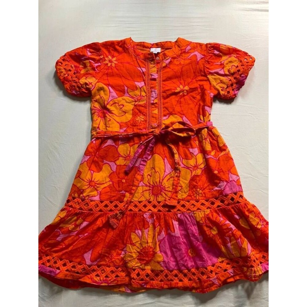 J. Marie Orange Pink Floral Eyelet Cutout Tiered Dress Girls Size 14
